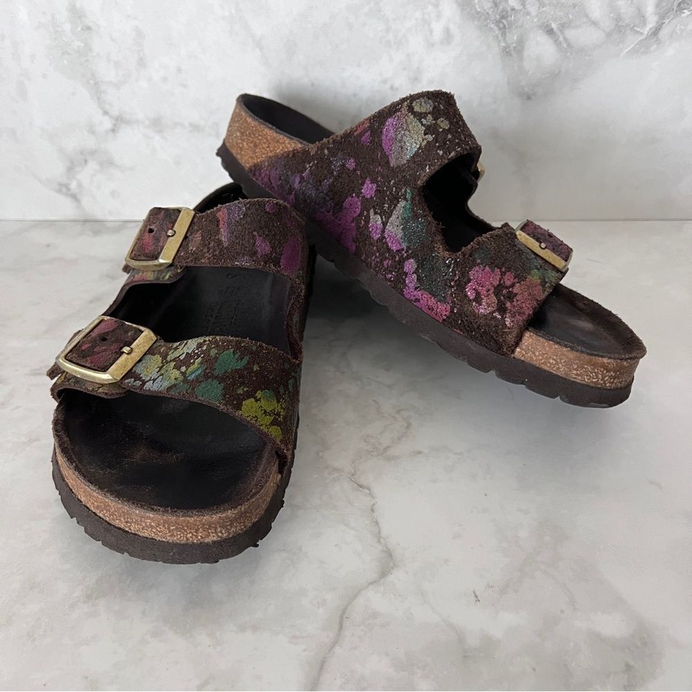Birkenstock Arizona Leather Flower Crush Mocha Sandals - Picture 12 of 13